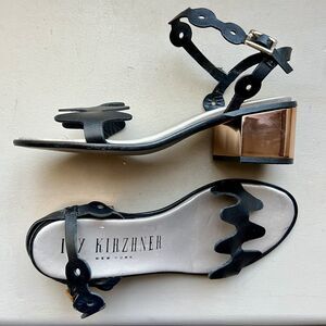 Ivy Kirzhner NY Lala Black Leather w/ Rose Gold Block Heel Sandal 38.5 US 8 - 8.